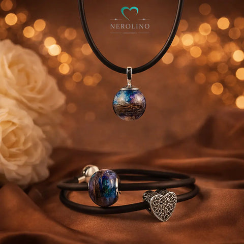 Set aus Perle und Kettenanhänger Perle mit Tierhaaren und Blüten.