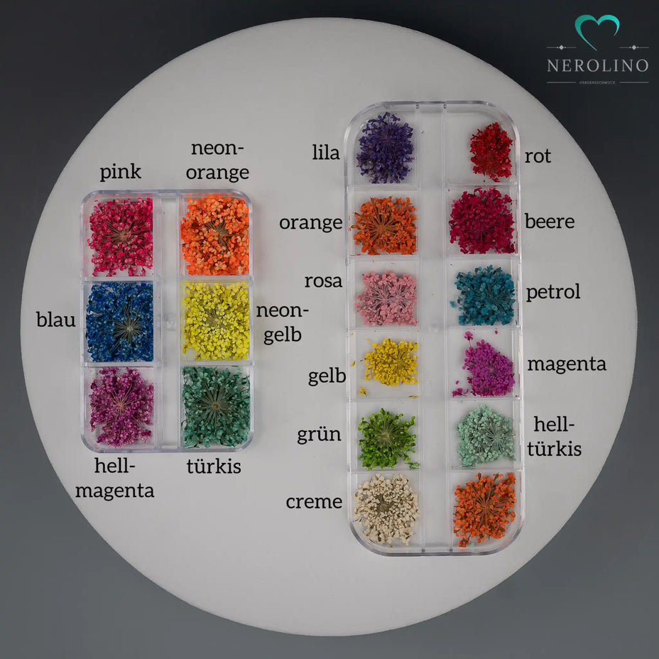 Kleine Trockenblüten in verschiedenen Farben als Füllung für Perlen und Anhänger.